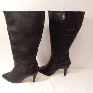 WOMEN'S SIZE 8WW CHOCOLATE LEATHER DRESS BOOTS, WIDE-CALF, 4" HEEL, SIDE ZIPPER